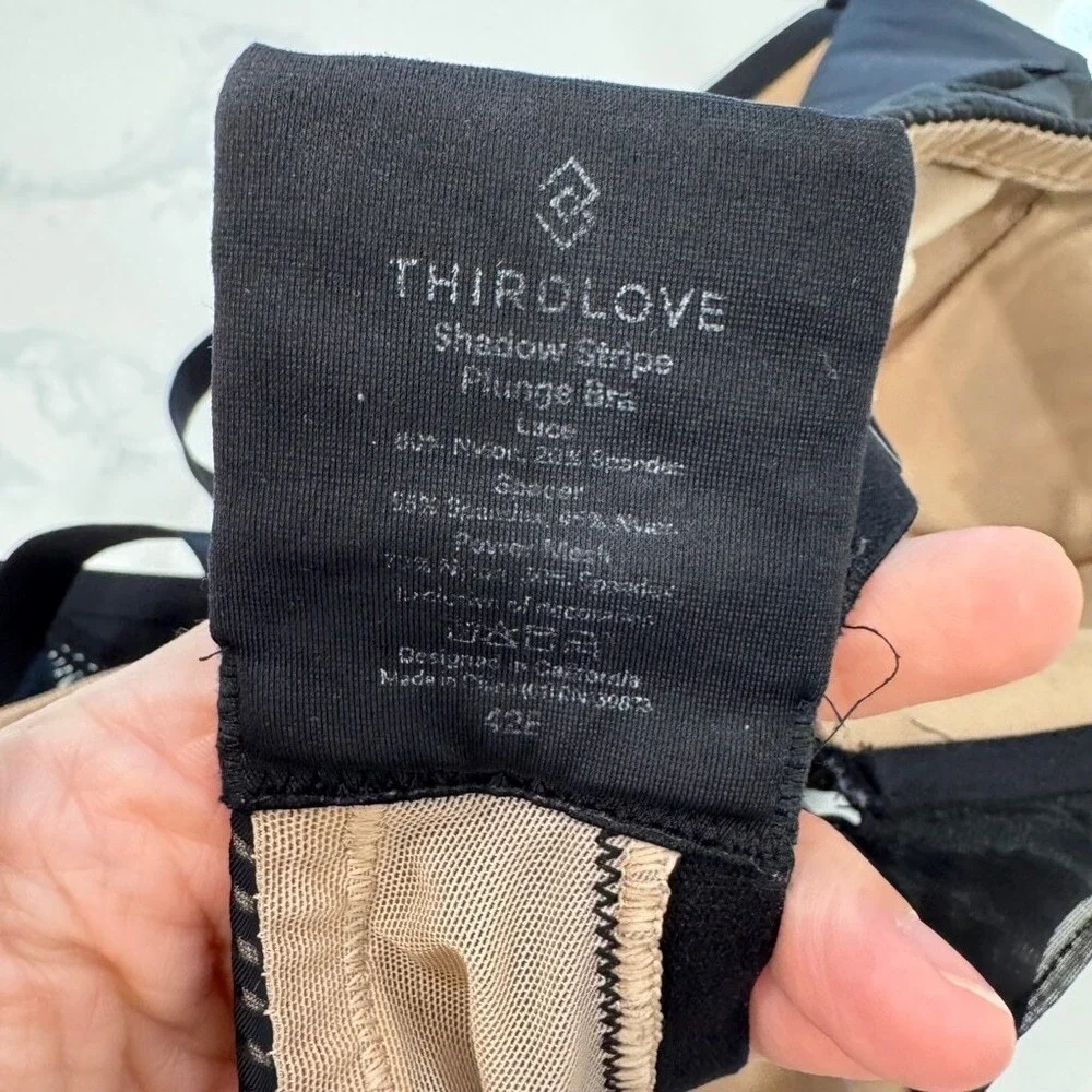 ThirdLove Shadow Stripe Plunge Bra Black Sheer Mesh Adjustable Straps Size 42E